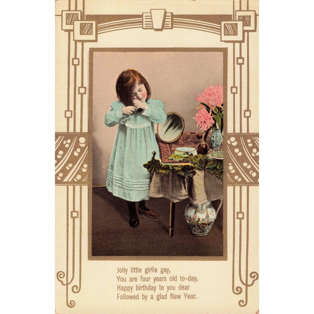 Vintage 4th Birthday Postcard Art Nouveau Girl E.L. Emaille No 3037 Germany - Picture 1 of 2